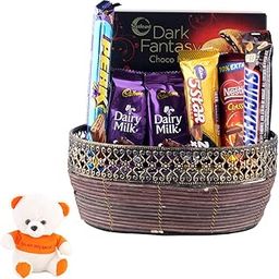 SFU E Com Beautiful Wooden Basket With Loaded Tasty Chocolates | Valentine Love Teddy Bear With Chocolate Combo | Valentine Chocolate Hamper | 753-6