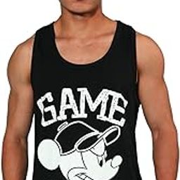 Black & Magenta Game Face Disney Mickey Mouse Graphic and Typography Print Sleeveless Round-Neck Longline Regular Fit Vest for Men-image-89