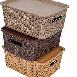 Solimo H1 Solitaire Storage Basket With Lid, Set Of 3, Multicolor(Plastic, Rectangular)-20