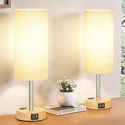 Bedside Table Lamp for Bedroom - 3 Way Dimmable Touch Lamp USB C Charging Ports and AC Outlet, Small Lamp Wood Base Round Flaxen Fabric Shade for Living Room, Desk, LED Bulb Included Pack Of 2-20