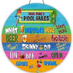 Artsy Woodsy Personalized Pool Decor Wood Sign (Not Carved or Neon) Wall Art Plaque, Tropical Summer Decor, Poolside Area Backyard Bar & Grill Patio Deck Tiki Bar Outdoor Outside Accessories (03)-picture-15