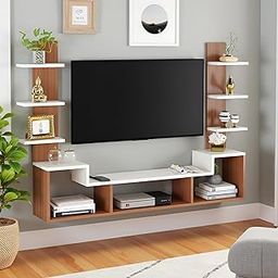 FURNEASER Dravin Modern Wall-Mounted TV Entertainment Unit for Living Room – Floating TV Stand with Storage Shelves & Display Racks – Wooden Media Console for 43 Inch (Exotic Teak & White)-11