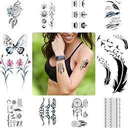 Temporary Tattoo Stickers for Women,Fake Tattoos Waterproof Body Art Arm Sketch Tattoo Stickers dream catcher peacock feather Words flower 3D Realistic Tatoo Stickers for Women and men (10 Sheets)-17