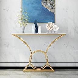 Elegant Console Table Wood and Metal with Marble Look top Console Tables for Living Room Bedroom and Entryway Hallway Side Tables for Room Decor etc. (White)-16