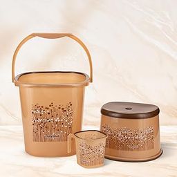Nayasa Plastic Funk Square 3 Pcs Bathroom Set | Bucket 25 L + Mug 1.5 L + Stool | Bathroom Accessory Set Plastic | Bathroom Set | Bath Set for Bathroom | Brown-image-37
