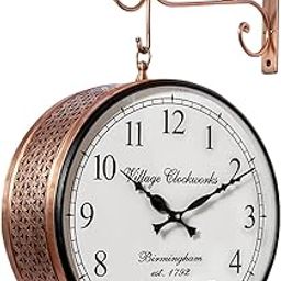 Crafted wonders Metal Vintage Double Sided Analog Wall Clock | Railway Station Double Sided Antique Decorative Clock with Brass Finishing Wall Clock for Home, Office, Classroom- Copper (12 in)-17