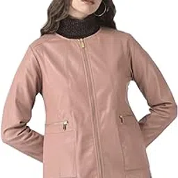 crimsoune club Women Nude Pink Faux Leather Jacket-picture-7