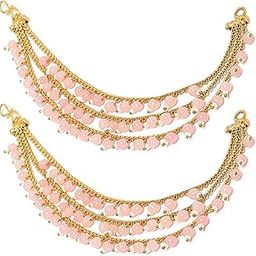 zeneme Gold-Plated Pearls Studded Handmade Ear Chain Earrings For Girls and Women-picture-2