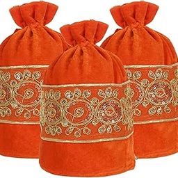 Kuber Industries Embroidered Design Potli Bags Handbags for Women Gifting Wristlets for Wedding, Festival, Kitty Subh Shagun-Pack of 3 (Orange)-picture-34