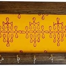 Decorative Wall-Mounted Key Holder with 7 Hooks, Wooden Frame, Yellow Pattern Panel, Brown-image-97