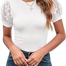 Women's Round Neck Slim Fit Swiss Dots Mesh Puff Sleeve Bodysuits Casual Ribbed Knit Jumpsuit Tops Blouse Shirts-image-51