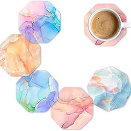 Brizcoast Premium Designer Printed Beautiful Wooden Coasters Fit for Tea Cups, Coffee Mugs and Glasses 4 6 12 (3.5X3.5 Inch) (Marble Octagon 1 (Set of 5)-42