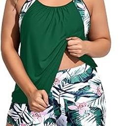 Women Plus Size Two Piece Tankini Swimsuits Tummy Control Bathing Suits Push Up Tankini Top with Shorts, Army Green, 16 Plus-picture-15