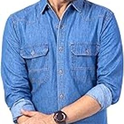 Men's Medium Blue Denim Double Pocket Shirt for Men | Denim Shirt for Men-image-75