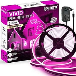 Gesto 16.4Feet Long with 12V Adaptor LED Neon Strip Rope Lights,Flat Silicone Neon Rope Light Flexible Cuttable String, IP65 Waterproof Neon LED Strips for Indoor Outdoor Decoration(Pink)-6