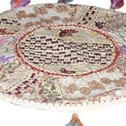 Sophia Art Beautiful Decorative Ruond Ottoman Indian Patchwork Pouffe,Indian Traditional Home Decorative Handmade Cotton Ottoman Patchwork Foot Stool, Embroidered Chair Cover Vintage Pouf 32" (White)-image-64