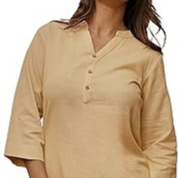 Women's Cotton Linen Yoga Kurta with Band Collar & Three Quarter Sleeves-image-37