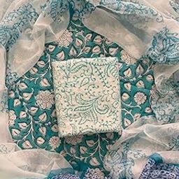 women's unstitched hand block printed pure cotton suit set with chiffon dupatta kurta-image-52