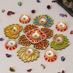 Sanvatsar Home Decorative Lotus Rangoli & Lotus Diya Set | Corporate Gift, Diwali Gift, Diya for puja Home Decoration Light Diya, Christmas Candle, Lighting, New Year Candle Set of 9(Red)-32