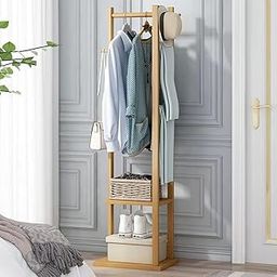 Lukzer Multifunctional Free Standing Bamboo Wooden Rectangular Stand | Clothes Rack with Hanging Rail & 2 Shelves | Aesthetic Household Floor Rack | 3 Hanger Hooks and Pants Hanger, Cm-image-62