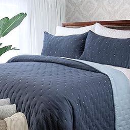 HARORBAY Double Sided Dotted Stiching Quilted Bedspread Set Reversible Pattern, Brushed Durable Fabric Light Weight Coverlet Quilt Set for All Season Use, Navy Blue/Light Blue, King + 2 Shams-image-53