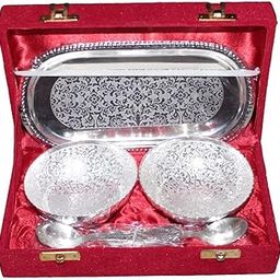 House of Gifts German Silver Handmade Handi Double Bowl with Plate & Spoon Silver Set of 5 Decorative Gift Item Home/Table/Wall Decor Showpiece/Figurine. A Great give Away Gift This Diwali-image-44