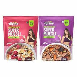 ALPINO Protein-Rich Super Muesli Combo Pack of 2 | Chocolate and Fruit & Nuts Muesli | 17% Protein with No Added Sugar | 750g each-image-71