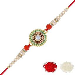Alluring Gold Plated Floral and Pearl Rakhi with Roli Chawal & Greeting Card for Men (D6)-image-95