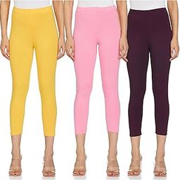 Women's Mid Rise Calf Length Cotton Stretch Skinny Fit Leggings (Pack of 3)-24