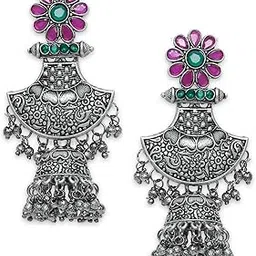 young & forever Boho Gypsy Silver Oxidised and Gold Oxidised Earrings Afghani Tribal Hoop Earrings for Girls and Silver Disk Earrings for Women-picture-2