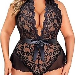 ssoshhub Plus Size Lingerie for Women Deep V Neck Teddy Lingerie Halter Lace Bodysuit Nightgown Babydoll Lingerie Female Wedding Nightgown for Honeymoon and Anniversary-picture-29