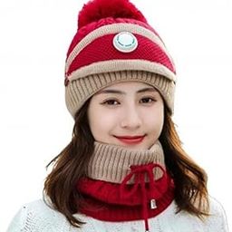 Girl's/Women's Winter Warm Woolen (Inside Fur) Pom Pom Cap/Beanie + Neck Cover (with Detachable Filtered mask) (Red)-image-114