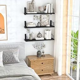 NOYOTA Wall Mounted Shelf, 3-Tier, 40 cm x 15 cm, Black Metal Frame, Modern Design for Living Room and Bedroom-image-88