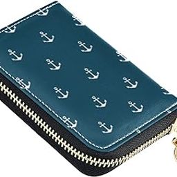 Anchor Pattern On Blue RFID Credit Card Wallet, Microfiber Leather Zipper Card Case Holder for Women-image-63