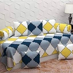 TURIYA 180 TC Premium Microfiber Fabric Set of 8 Pc Diwan Set - 1 Pc Diwan Sheet, 5 Pc Cushion Covers and 2 Pc Bolster Covers; Yellow n Blue Diamonds-image-94