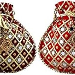 Lookingfab Presents Women's Rajasthani Style Silk Potli Velvet with Gota Patti Purse Handbag (Red, Maroon)-image-41