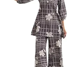 nainvish Women's Printed Rayon Blend Co-ord Set | Straight Cut Top & Pant Ensemble | V-Neck Mandarin Collar Designs | Stylish Black, Purple Patterns | Ideal for Casual, Festive, Evening Events-picture-7