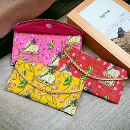 Brown Leaf Handmade Pack Of 6 Fancy Shagun Brocade Envelopes For Indian Wedding Diwali Rakhi Return Giifting Pouch (Pichwai Style)-image-32