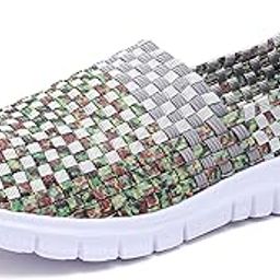 Women Multicolor Elasticized Fabric Casual Plaid Weave Flats Slip on Sneakers Walking Shoes (UK3.5(EU36),Grey)-image-69