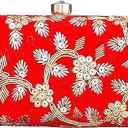 Velvet Fabric Hand Embroidery Women's Clutch With Sling Chain | SBP-23 | Red-image-20