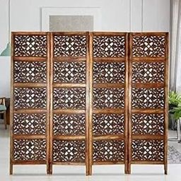 indian crafty Solid Wood 4-Panel Room Divider – Antique Brown Mango Wood Partition for Living Room-image-81