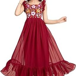 Georgette Ruffle Sleeve Square Neck Embroidered Women's Ethnic Gown,Full Stitched Maxi Length Anarkali Gown for Girls-image-99