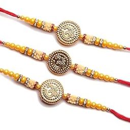 Set of 3 Red & Golden Om Symbol Designer Religious Rakhi with Roli Chawal Pack- Rakhi for Brother, Bhaiya, Bhai-14