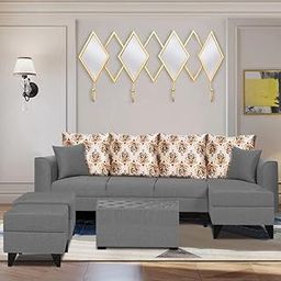 Blisscraft Leonora 8 Seater Fabric RHS L Shape Sofa Set with Centre Table & 2 Puffy (Dark Grey)-image-13