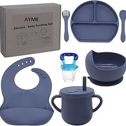 AYME 7 Pcs Silicone Baby Feeding Set Bpa-Free,Microwave Safe, Anti-Slip Base | Complete Tableware Kit for Babies & Toddlers with Suction Plate, Bowl, Cup, Spoon, Fork & Bib Multi-Color (Solid)-image-82