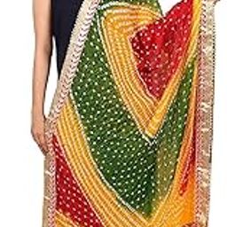 Jaipuri Rajasthani Women Silk Bandhani Bandhej Multi-Colored Heavy Dupatta with Gota Work and latkan (Lemon-red-green)-image-81