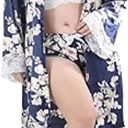 Blue Floral Printed Robe with White Lacy Bra & Ruffle Shorts Set for Women-picture-50