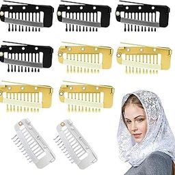 Homeaura 10 pcs Chunni Dupatta Pins Clips for Tucking Dupatta – Invisible 10-Teeth Strong Wig Setting Chunni Clips for Woman Hair Extensions | 4 Black 4 Gold & 2 Silver Dupatta Tic Tac Pins for Head-15