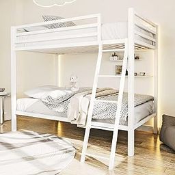 ikalido Metal Loft Bunk Bed Twin Over Twin Size with Safety Guardrail and Ladder, No Box Spring Needed Space Saving Bedroom Furniture, Cream White-0