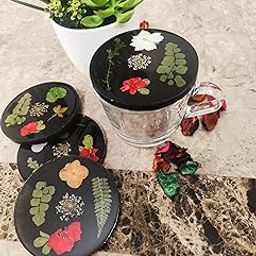 Resin World Art Studio Luxury Handcrafted Set of 4 Premium Resin Coasters with embeded Natural Leaves and Flowers_ Tea,Coffee Coasters (4 Inches) (Black Floral)-image-72